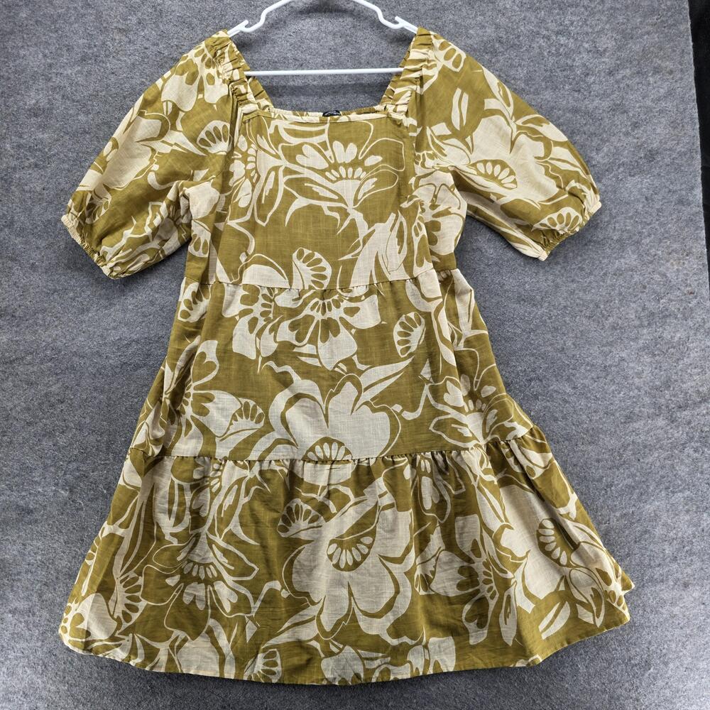 Mlle Gabrielle Dress Womens L Green Floral Trapeze & Swing Short Square Neck